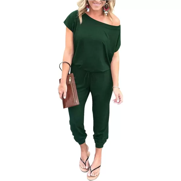 imagePRETTYGARDEN Womens Loose Solid Off Shoulder Elastic Waist Stretchy Long Romper JumpsuitDark Green