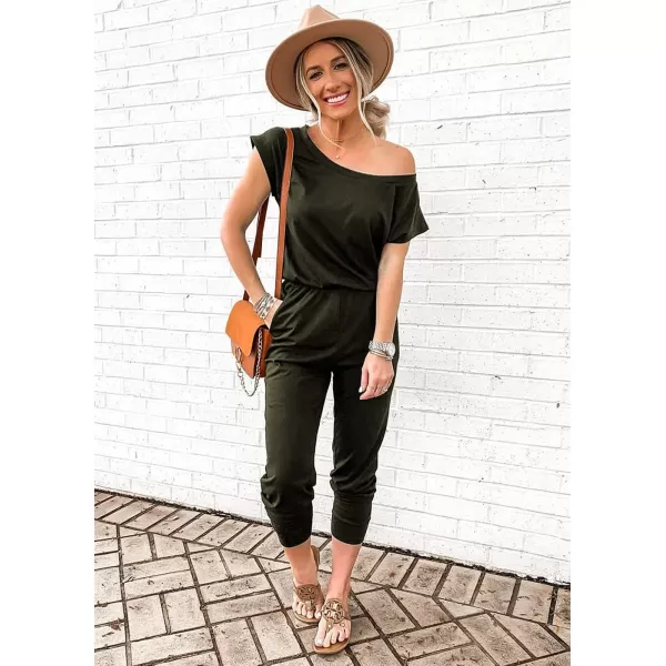 imagePRETTYGARDEN Womens Loose Solid Off Shoulder Elastic Waist Stretchy Long Romper JumpsuitGreen