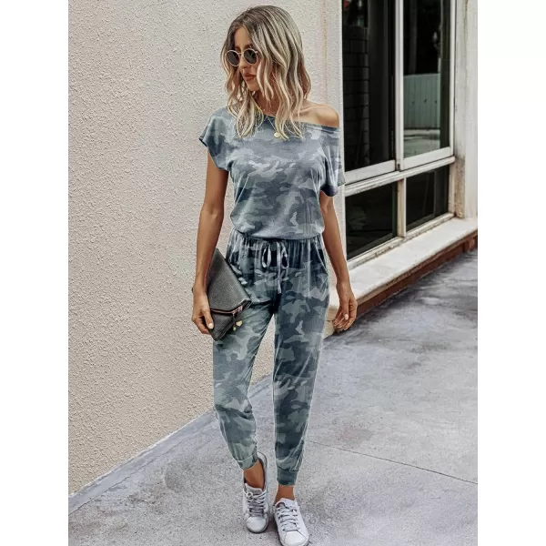 imagePRETTYGARDEN Womens Loose Solid Off Shoulder Elastic Waist Stretchy Long Romper JumpsuitGreen Camo