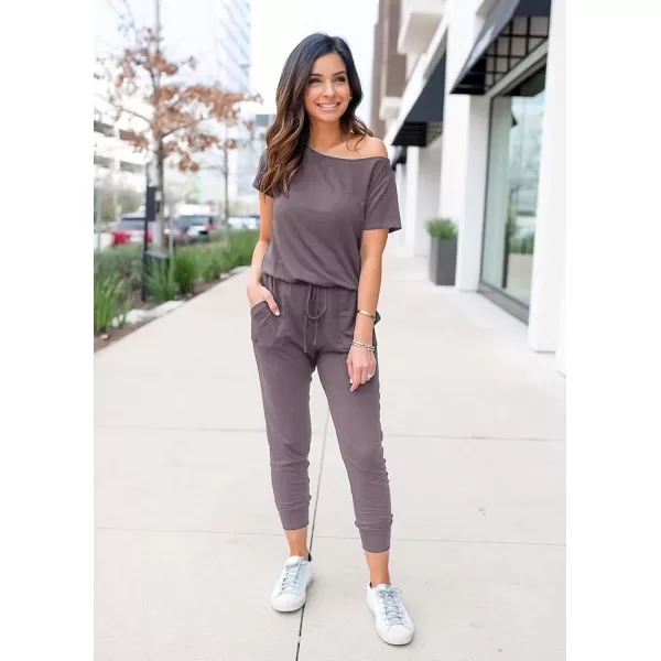 imagePRETTYGARDEN Womens Loose Solid Off Shoulder Elastic Waist Stretchy Long Romper JumpsuitGrey
