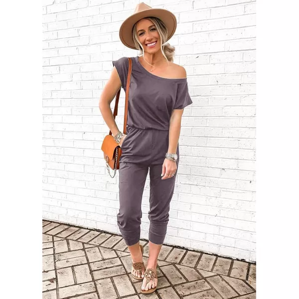 imagePRETTYGARDEN Womens Loose Solid Off Shoulder Elastic Waist Stretchy Long Romper JumpsuitGrey
