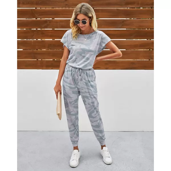 imagePRETTYGARDEN Womens Loose Solid Off Shoulder Elastic Waist Stretchy Long Romper JumpsuitGrey Camouflage