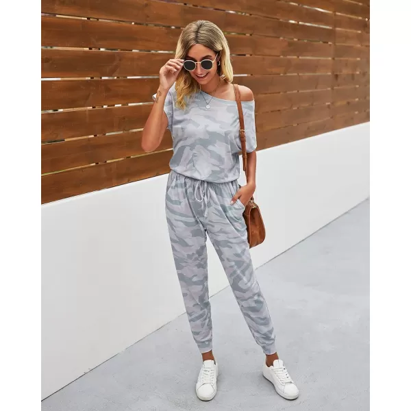imagePRETTYGARDEN Womens Loose Solid Off Shoulder Elastic Waist Stretchy Long Romper JumpsuitGrey Camouflage