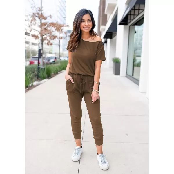 imagePRETTYGARDEN Womens Loose Solid Off Shoulder Elastic Waist Stretchy Long Romper JumpsuitKhaki