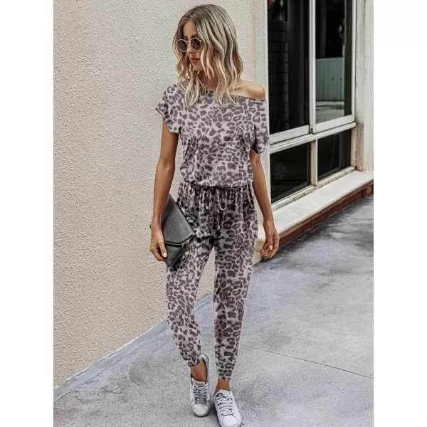 imagePRETTYGARDEN Womens Loose Solid Off Shoulder Elastic Waist Stretchy Long Romper JumpsuitKhaki Leopard