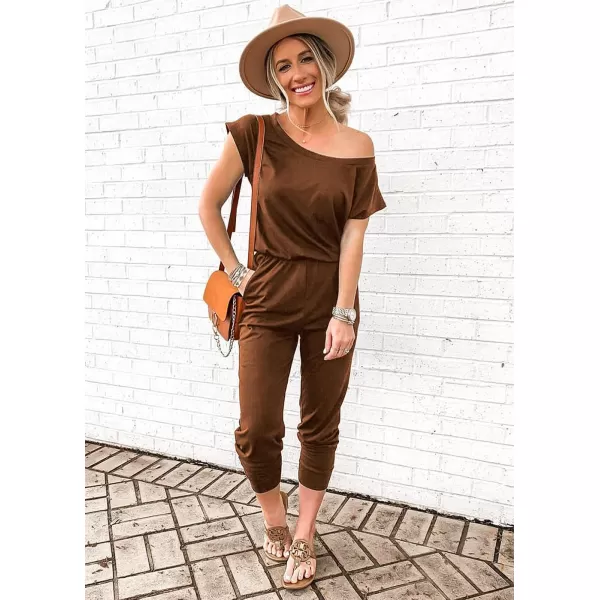 imagePRETTYGARDEN Womens Loose Solid Off Shoulder Elastic Waist Stretchy Long Romper JumpsuitLight Brown