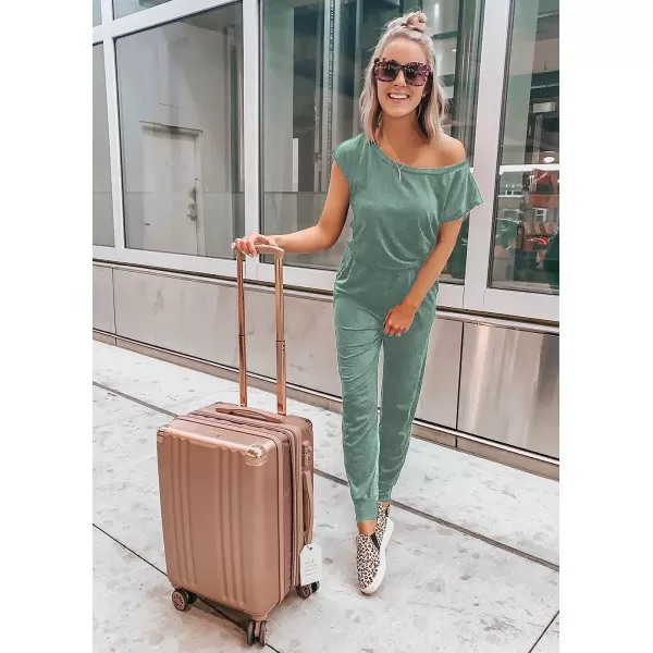 imagePRETTYGARDEN Womens Loose Solid Off Shoulder Elastic Waist Stretchy Long Romper JumpsuitLight Green