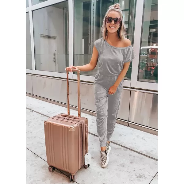 imagePRETTYGARDEN Womens Loose Solid Off Shoulder Elastic Waist Stretchy Long Romper JumpsuitLight Grey