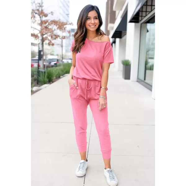 imagePRETTYGARDEN Womens Loose Solid Off Shoulder Elastic Waist Stretchy Long Romper JumpsuitLight Pink
