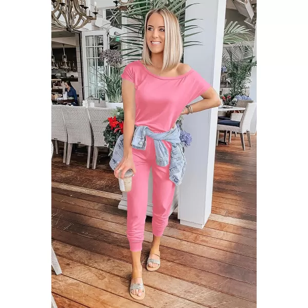 imagePRETTYGARDEN Womens Loose Solid Off Shoulder Elastic Waist Stretchy Long Romper JumpsuitLight Pink