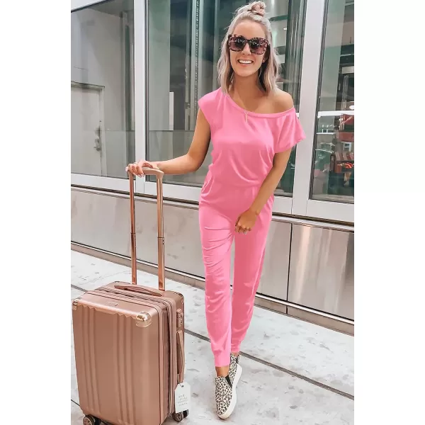 imagePRETTYGARDEN Womens Loose Solid Off Shoulder Elastic Waist Stretchy Long Romper JumpsuitLight Pink