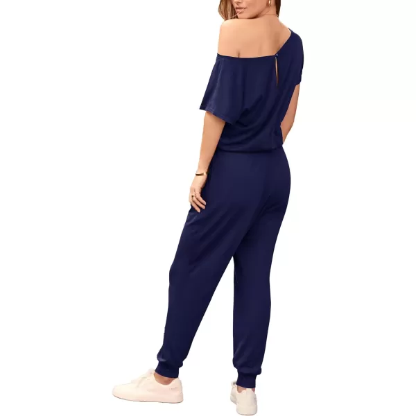 imagePRETTYGARDEN Womens Loose Solid Off Shoulder Elastic Waist Stretchy Long Romper JumpsuitNavy