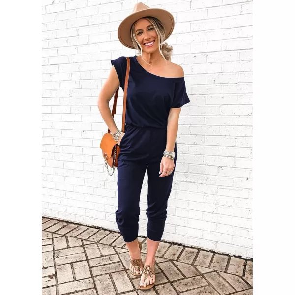 imagePRETTYGARDEN Womens Loose Solid Off Shoulder Elastic Waist Stretchy Long Romper JumpsuitNavy