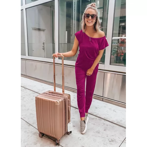 imagePRETTYGARDEN Womens Loose Solid Off Shoulder Elastic Waist Stretchy Long Romper JumpsuitPurple