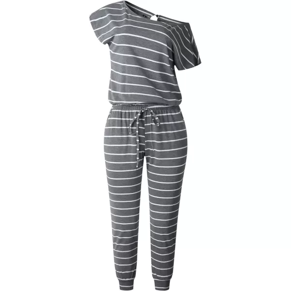 imagePRETTYGARDEN Womens Loose Solid Off Shoulder Elastic Waist Stretchy Long Romper JumpsuitStripedark Grey