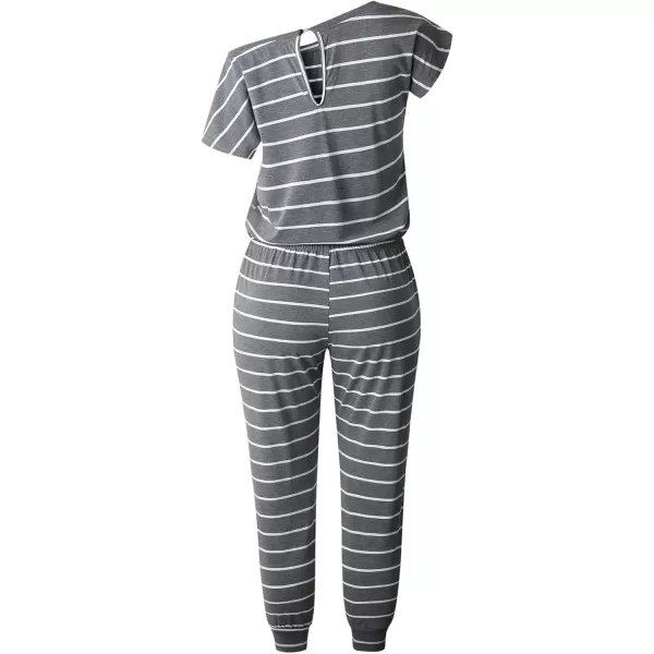 imagePRETTYGARDEN Womens Loose Solid Off Shoulder Elastic Waist Stretchy Long Romper JumpsuitStripedark Grey