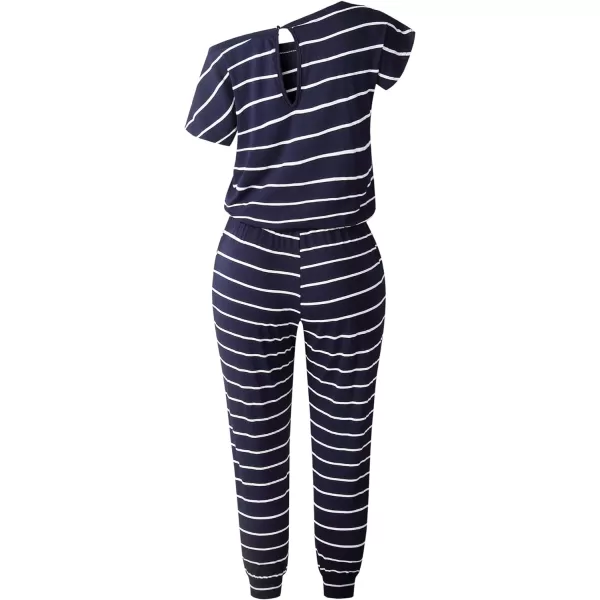 imagePRETTYGARDEN Womens Loose Solid Off Shoulder Elastic Waist Stretchy Long Romper JumpsuitStripenavy