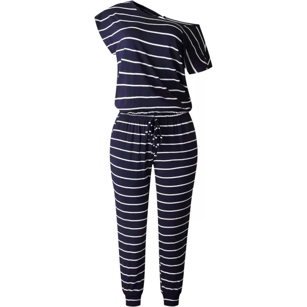 imagePRETTYGARDEN Womens Loose Solid Off Shoulder Elastic Waist Stretchy Long Romper JumpsuitStripenavy