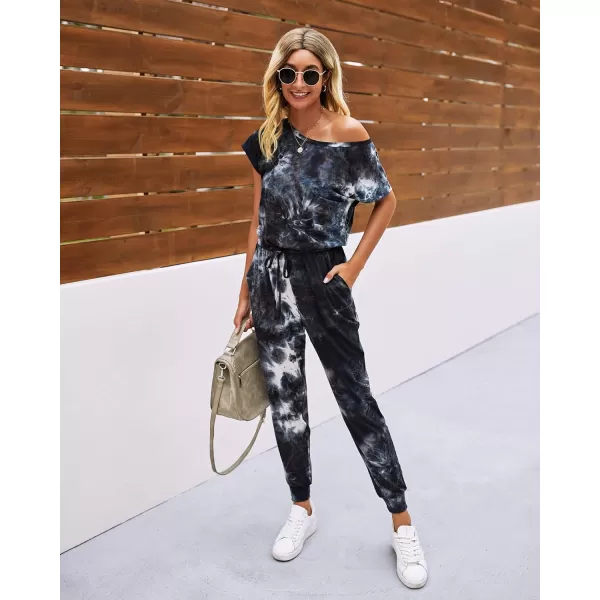 imagePRETTYGARDEN Womens Loose Solid Off Shoulder Elastic Waist Stretchy Long Romper JumpsuitTie Dyeblack