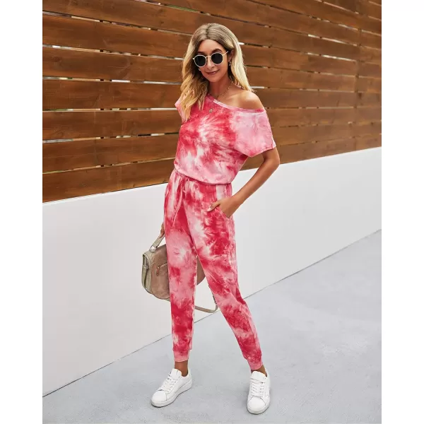 imagePRETTYGARDEN Womens Loose Solid Off Shoulder Elastic Waist Stretchy Long Romper JumpsuitTie Dyered