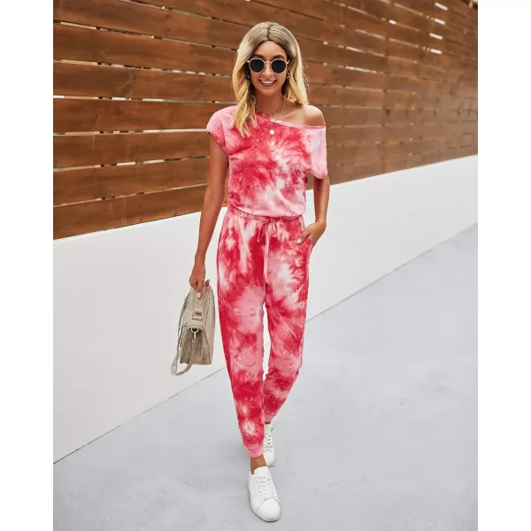 imagePRETTYGARDEN Womens Loose Solid Off Shoulder Elastic Waist Stretchy Long Romper JumpsuitTie Dyered