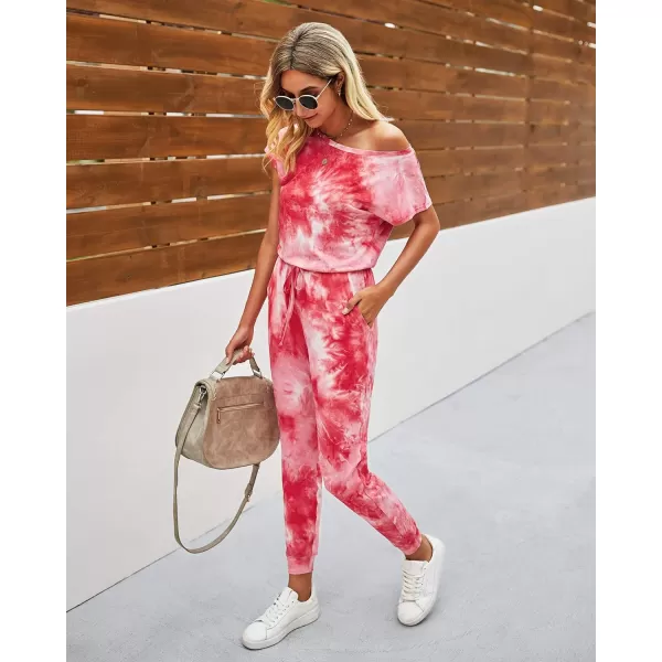 imagePRETTYGARDEN Womens Loose Solid Off Shoulder Elastic Waist Stretchy Long Romper JumpsuitTie Dyered