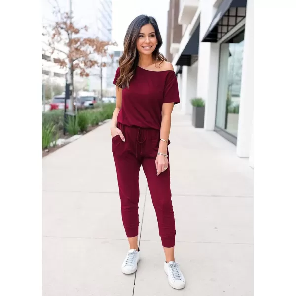imagePRETTYGARDEN Womens Loose Solid Off Shoulder Elastic Waist Stretchy Long Romper JumpsuitWine Red