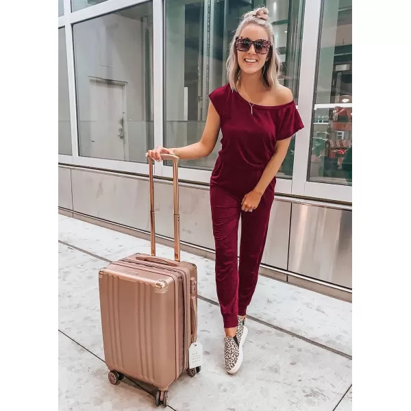 imagePRETTYGARDEN Womens Loose Solid Off Shoulder Elastic Waist Stretchy Long Romper JumpsuitWine Red