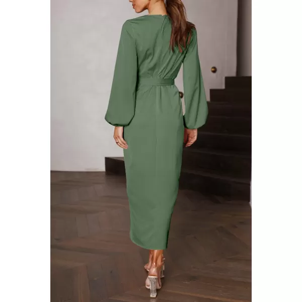 imagePRETTYGARDEN Womens Maxi Satin Puff Sleeve Wrap V Neck Ruched Belted Long Formal Cocktail DressesArmy Green