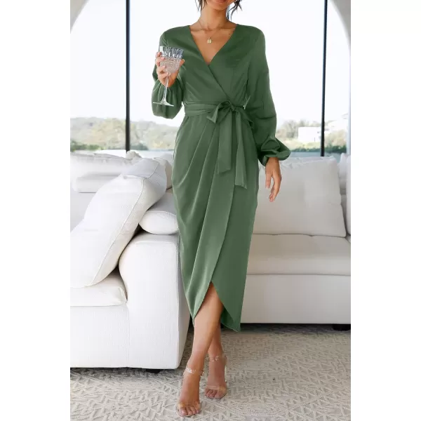 imagePRETTYGARDEN Womens Maxi Satin Puff Sleeve Wrap V Neck Ruched Belted Long Formal Cocktail DressesArmy Green