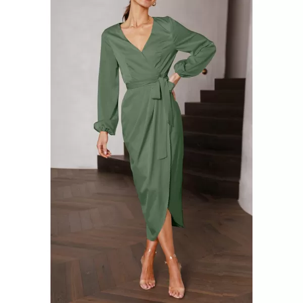 imagePRETTYGARDEN Womens Maxi Satin Puff Sleeve Wrap V Neck Ruched Belted Long Formal Cocktail DressesArmy Green