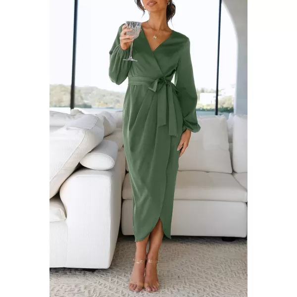 imagePRETTYGARDEN Womens Maxi Satin Puff Sleeve Wrap V Neck Ruched Belted Long Formal Cocktail DressesArmy Green