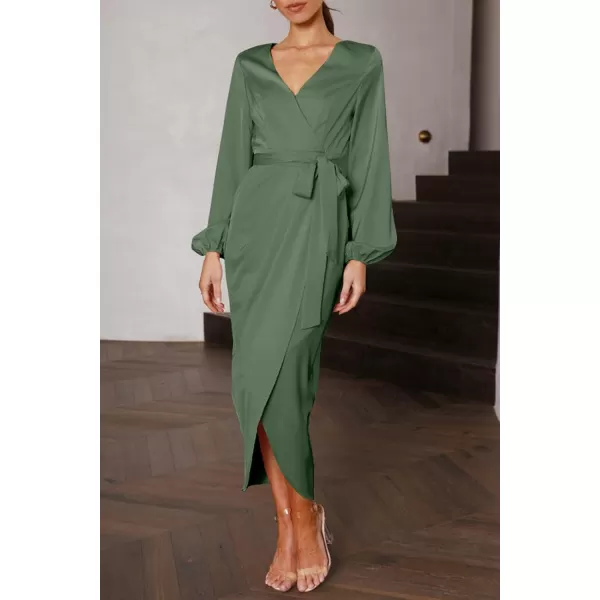 imagePRETTYGARDEN Womens Maxi Satin Puff Sleeve Wrap V Neck Ruched Belted Long Formal Cocktail DressesArmy Green