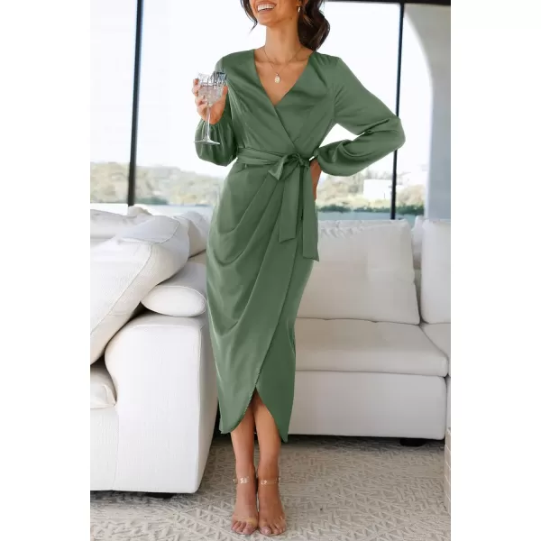 imagePRETTYGARDEN Womens Maxi Satin Puff Sleeve Wrap V Neck Ruched Belted Long Formal Cocktail DressesArmy Green
