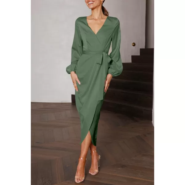 imagePRETTYGARDEN Womens Maxi Satin Puff Sleeve Wrap V Neck Ruched Belted Long Formal Cocktail DressesArmy Green
