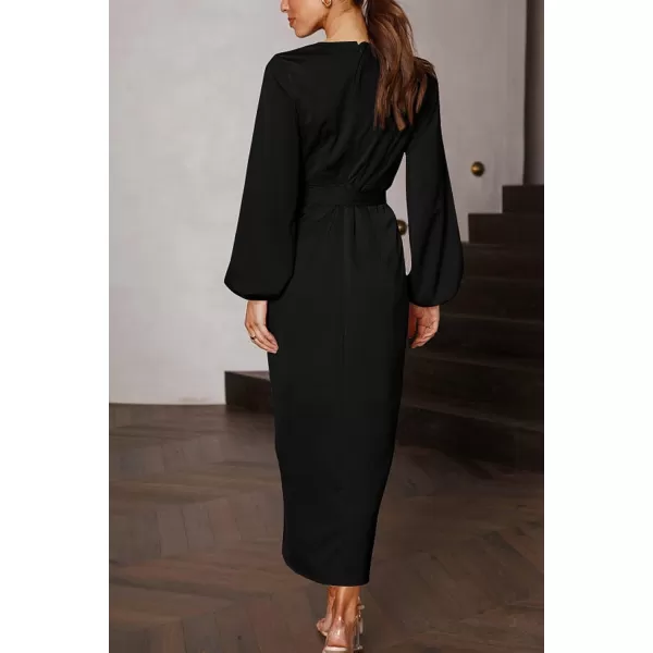 imagePRETTYGARDEN Womens Maxi Satin Puff Sleeve Wrap V Neck Ruched Belted Long Formal Cocktail DressesBlack