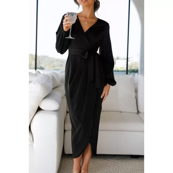 imagePRETTYGARDEN Womens Maxi Satin Puff Sleeve Wrap V Neck Ruched Belted Long Formal Cocktail DressesBlack