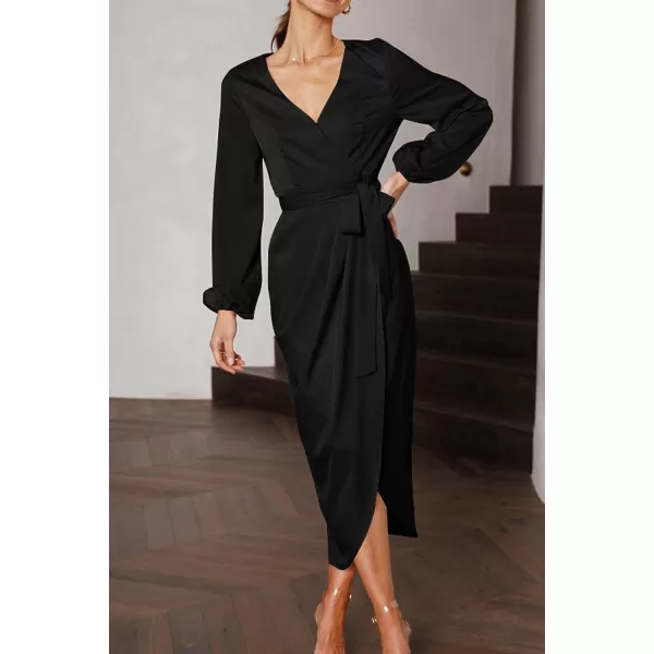 imagePRETTYGARDEN Womens Maxi Satin Puff Sleeve Wrap V Neck Ruched Belted Long Formal Cocktail DressesBlack