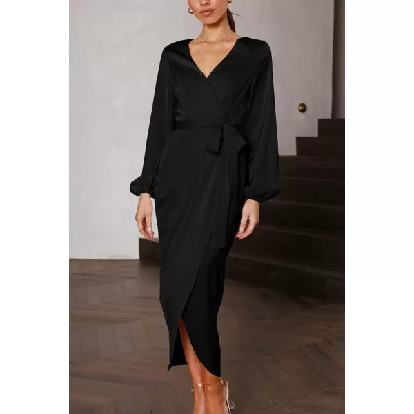 imagePRETTYGARDEN Womens Maxi Satin Puff Sleeve Wrap V Neck Ruched Belted Long Formal Cocktail DressesBlack