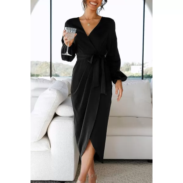 imagePRETTYGARDEN Womens Maxi Satin Puff Sleeve Wrap V Neck Ruched Belted Long Formal Cocktail DressesBlack