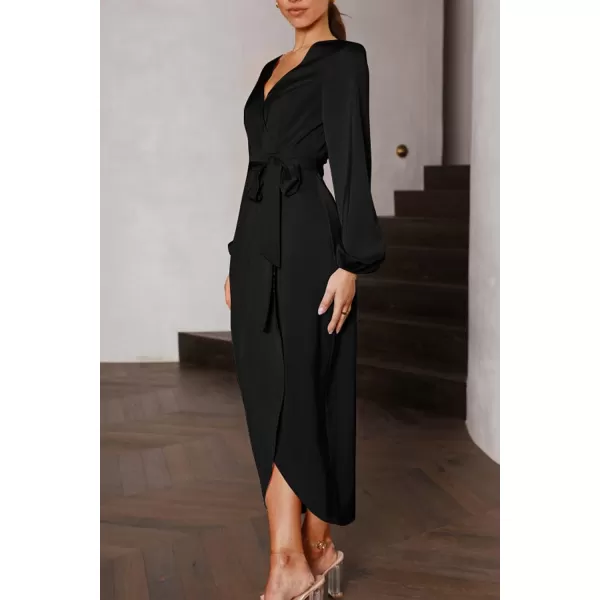 imagePRETTYGARDEN Womens Maxi Satin Puff Sleeve Wrap V Neck Ruched Belted Long Formal Cocktail DressesBlack