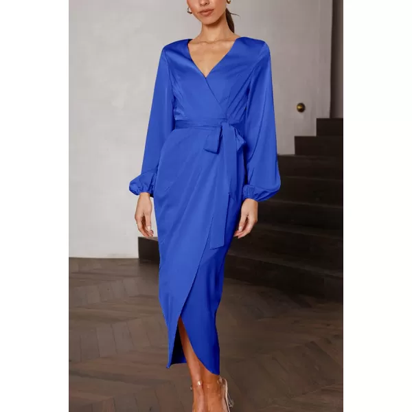 imagePRETTYGARDEN Womens Maxi Satin Puff Sleeve Wrap V Neck Ruched Belted Long Formal Cocktail DressesBlue
