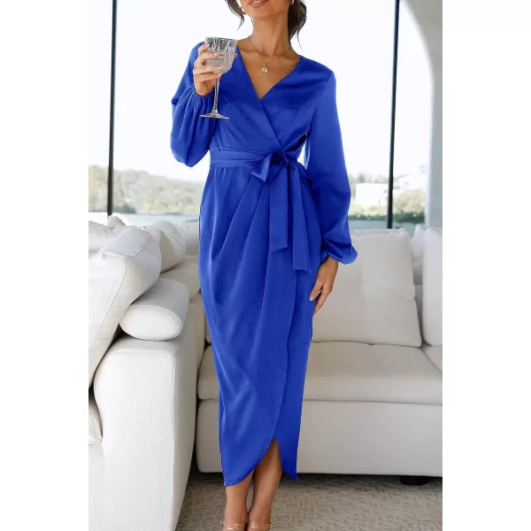 imagePRETTYGARDEN Womens Maxi Satin Puff Sleeve Wrap V Neck Ruched Belted Long Formal Cocktail DressesBlue