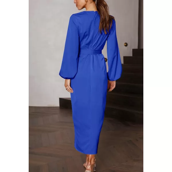 imagePRETTYGARDEN Womens Maxi Satin Puff Sleeve Wrap V Neck Ruched Belted Long Formal Cocktail DressesBlue