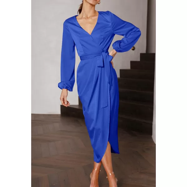 imagePRETTYGARDEN Womens Maxi Satin Puff Sleeve Wrap V Neck Ruched Belted Long Formal Cocktail DressesBlue
