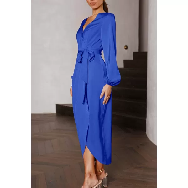 imagePRETTYGARDEN Womens Maxi Satin Puff Sleeve Wrap V Neck Ruched Belted Long Formal Cocktail DressesBlue