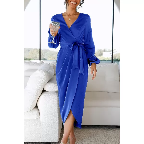 imagePRETTYGARDEN Womens Maxi Satin Puff Sleeve Wrap V Neck Ruched Belted Long Formal Cocktail DressesBlue