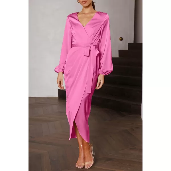 imagePRETTYGARDEN Womens Maxi Satin Puff Sleeve Wrap V Neck Ruched Belted Long Formal Cocktail DressesBright Pink