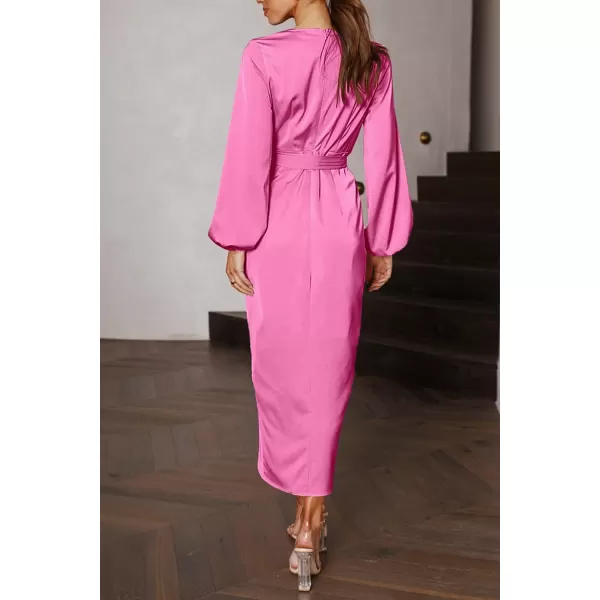 imagePRETTYGARDEN Womens Maxi Satin Puff Sleeve Wrap V Neck Ruched Belted Long Formal Cocktail DressesBright Pink