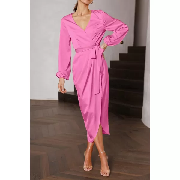 imagePRETTYGARDEN Womens Maxi Satin Puff Sleeve Wrap V Neck Ruched Belted Long Formal Cocktail DressesBright Pink
